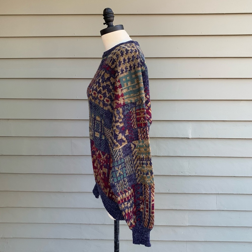 Vintage 80s Colorful Multicolor Geometric Loud Cosby Grandpa Plaid Sweater XL - Picture 9 of 17